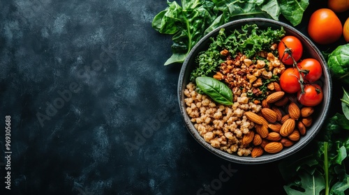 This photo showcases a healthy food bowl adorned with fresh vegetables, such as tomatoes and leafy greens, accompanied by almonds and grains, presented against a dark background. photo