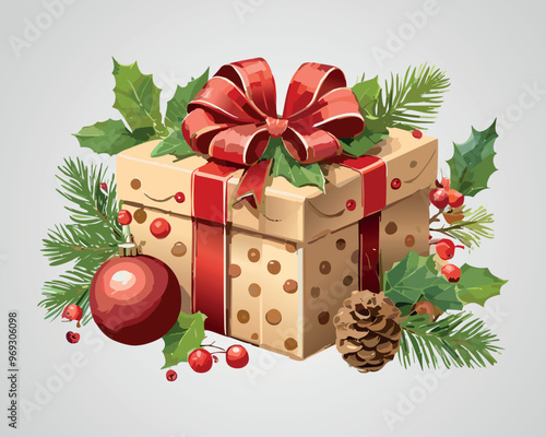 Festive Gift Box with Holiday Decorations: Christmas Celebration Theme