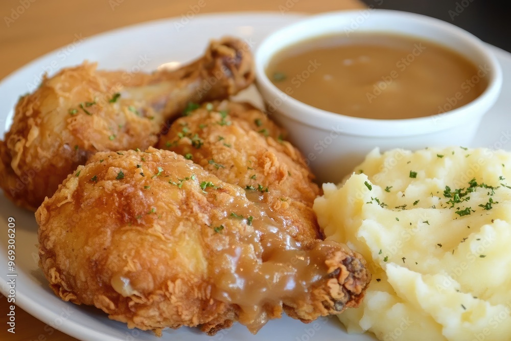 A plate of golden fried chicken with mashed potatoes and gravy on the side A plate of golden fried chicken with mashed potatoes and gravy on the side