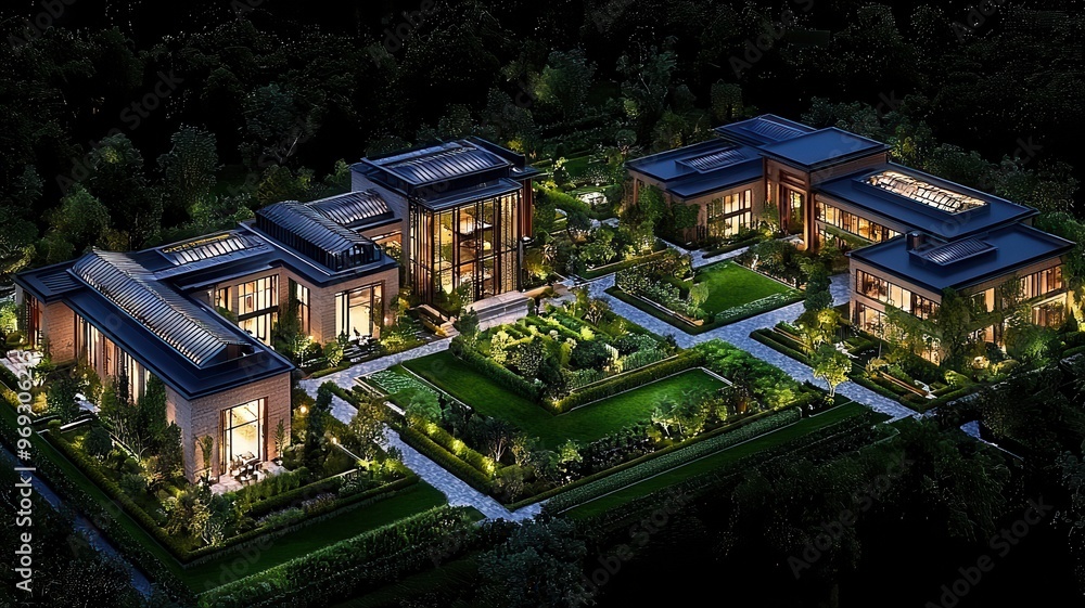 Obraz premium Stunning aerial view of modern luxury homes illuminated at night, surrounded by a beautifully landscaped garden.