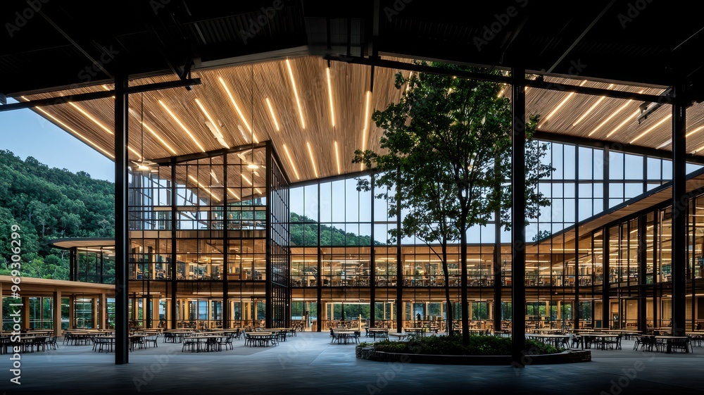 Stunning modern architecture featuring large glass walls, wooden accents, and natural light creating an inviting atmosphere. Stunning modern architecture featuring large glass walls, wooden accents, and natural light creating an inviting atmosphere.
