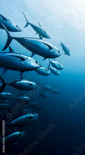 A school of tuna swims in the ocean depths. Concept of the underwater world of Tuna migration.