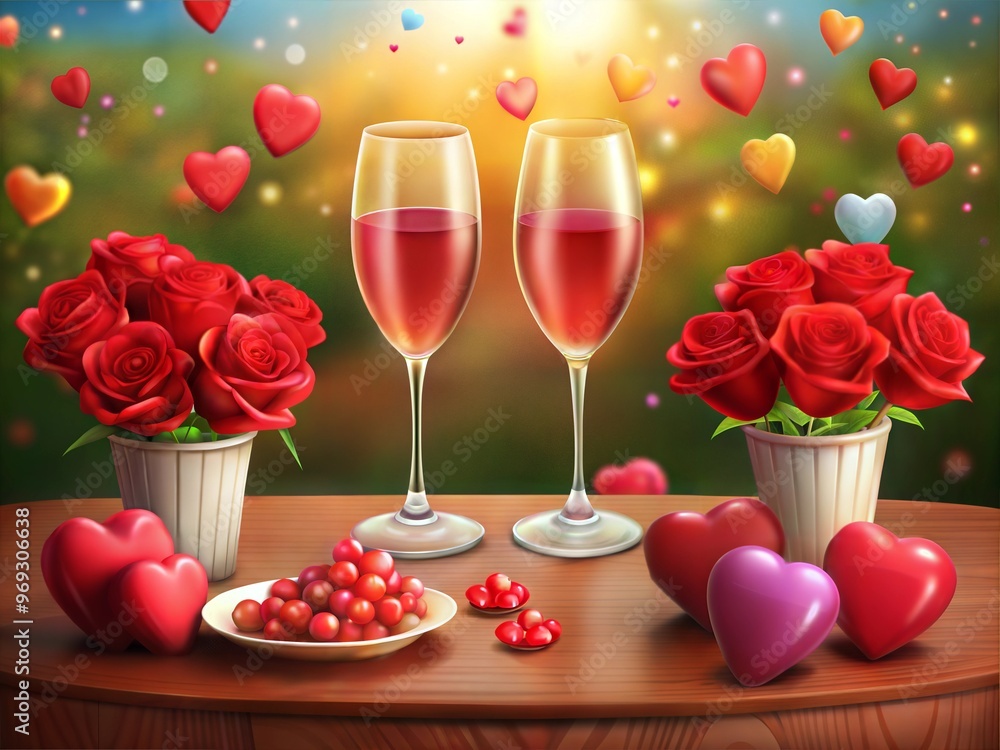 Romantic champagne glasses and red roses in the decoration Romantic champagne glasses and red roses in the decoration
