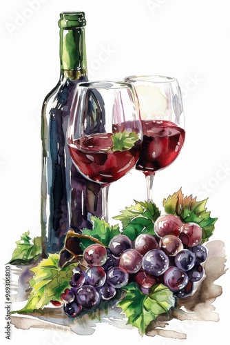 Fresh grape, grape wine bottle and glass. Painting drawing
