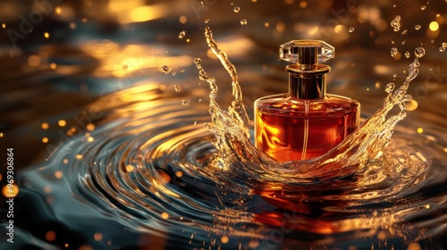 A creative shot of perfume splashing in water, capturing the bottle reflection and ripples in a vibrant, dynamic scene.