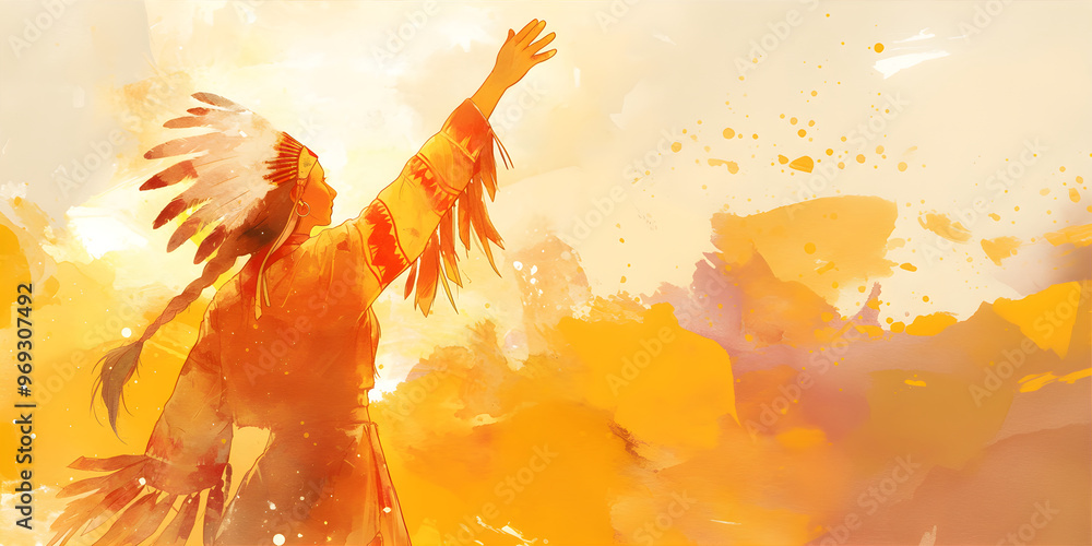Native American man in traditional Indian clothing with his hand raised ...