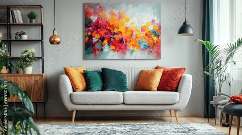 A stylish living room featuring a large, colorful canvas print hanging above the sofa.