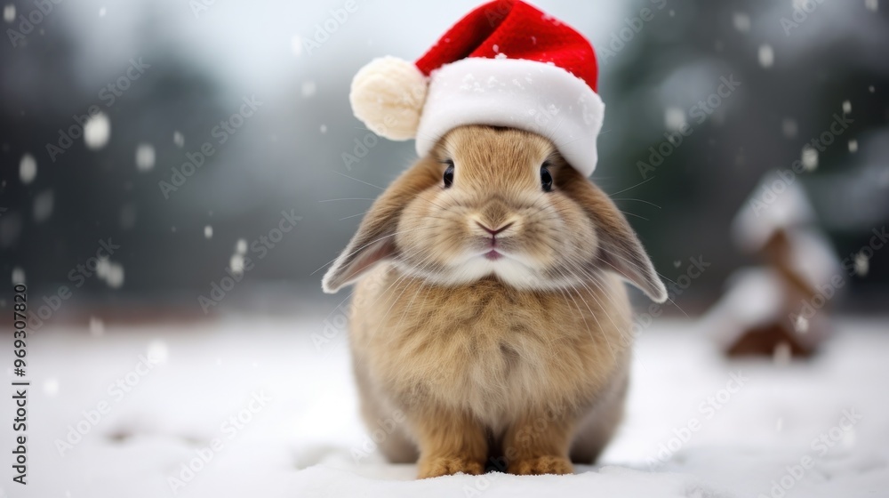 Cute bunny wearing a Santa hat, sitting in the snow, Christmas background. Festive Christmas atmosphere and postcard with copy space. Cute bunny wearing a Santa hat, sitting in the snow, Christmas background. Festive Christmas atmosphere and postcard with copy space.
