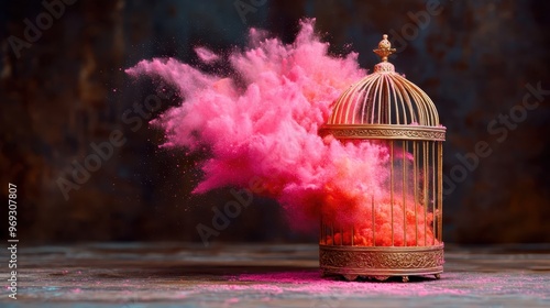 A decorative birdcage releasing a vibrant explosion of pink powder set against a dark backdrop, creating a striking and visually impactful image representing freedom and artistic expression. photo