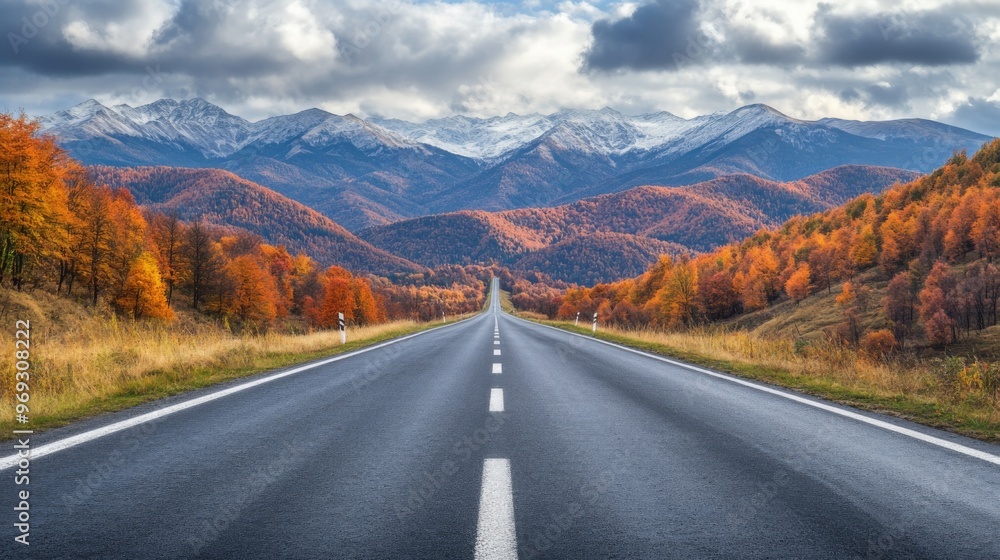 Autumn road landscape in beautiful nature travel. Mountain road scenery. Fall highway in colorful forest. Nature trip photo Autumn road landscape in beautiful nature travel. Mountain road scenery. Fall highway in colorful forest. Nature trip photo