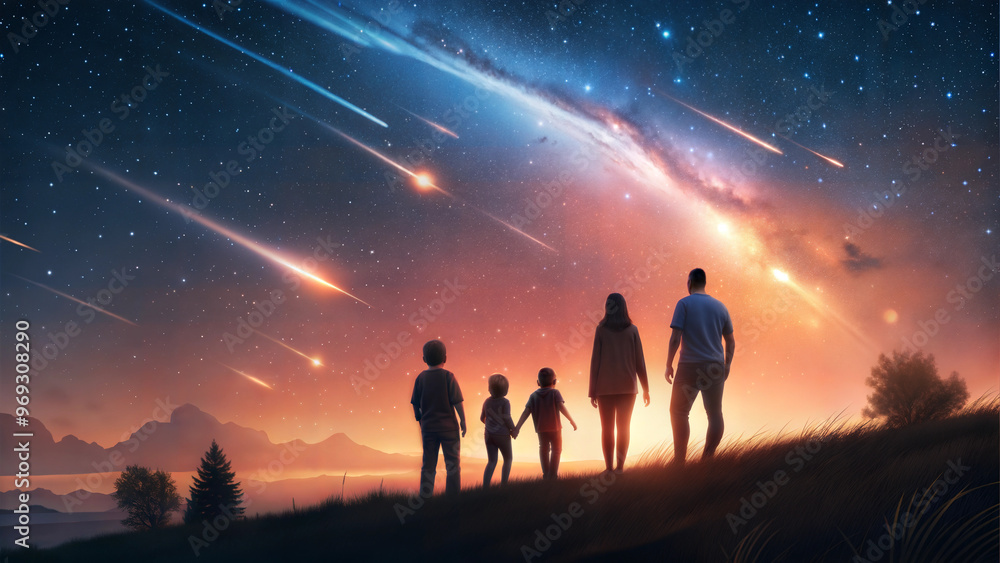 custom made wallpaper toronto digitalFamily Watching Meteor Shower: Silhouettes against a starry sky from a scenic hilltop