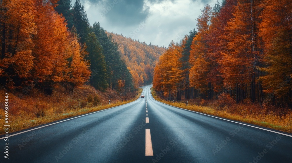 Naklejka premium Autumn road landscape in beautiful nature travel. Mountain road scenery. Fall highway in colorful forest. Nature trip photo