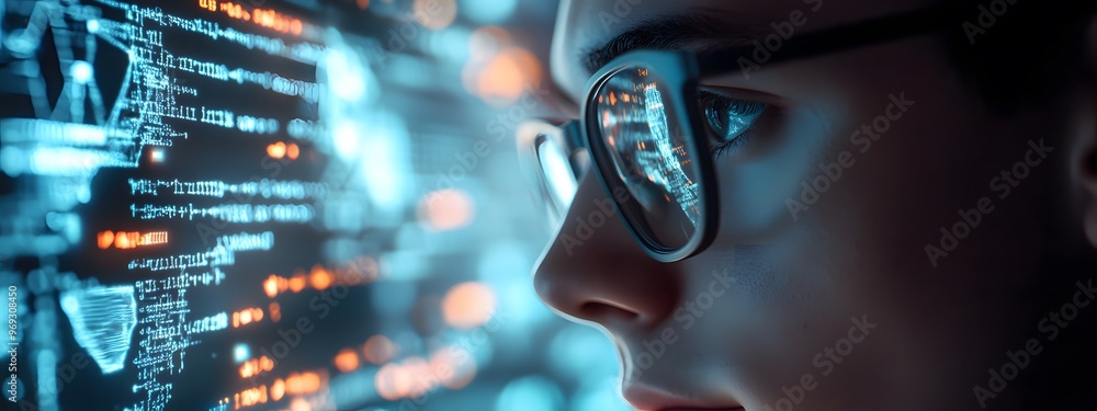 A close-up of an Indian man wearing glasses, surrounded by digital code and holographic data visualizations, representing the integration with artificial intelligence technology A close-up of an Indian man wearing glasses, surrounded by digital code and holographic data visualizations, representing the integration with artificial intelligence technology