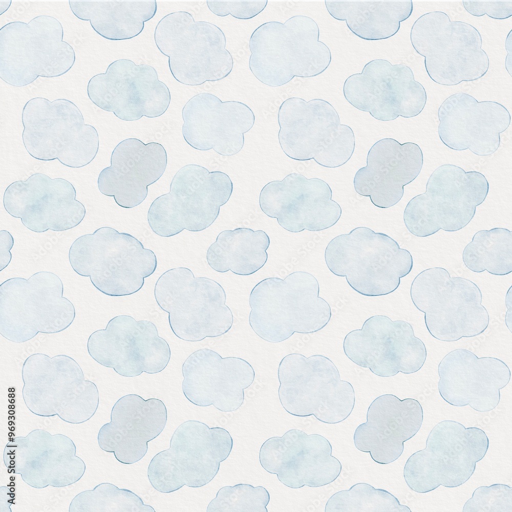 Fototapeta premium Clouds seamless background. Watercolor hand drawn clouds. Fabric pattern. Childish textile design. 