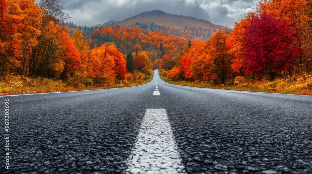 Naklejka premium Autumn road landscape in beautiful nature travel. Mountain road scenery. Fall highway in colorful forest. Nature trip photo