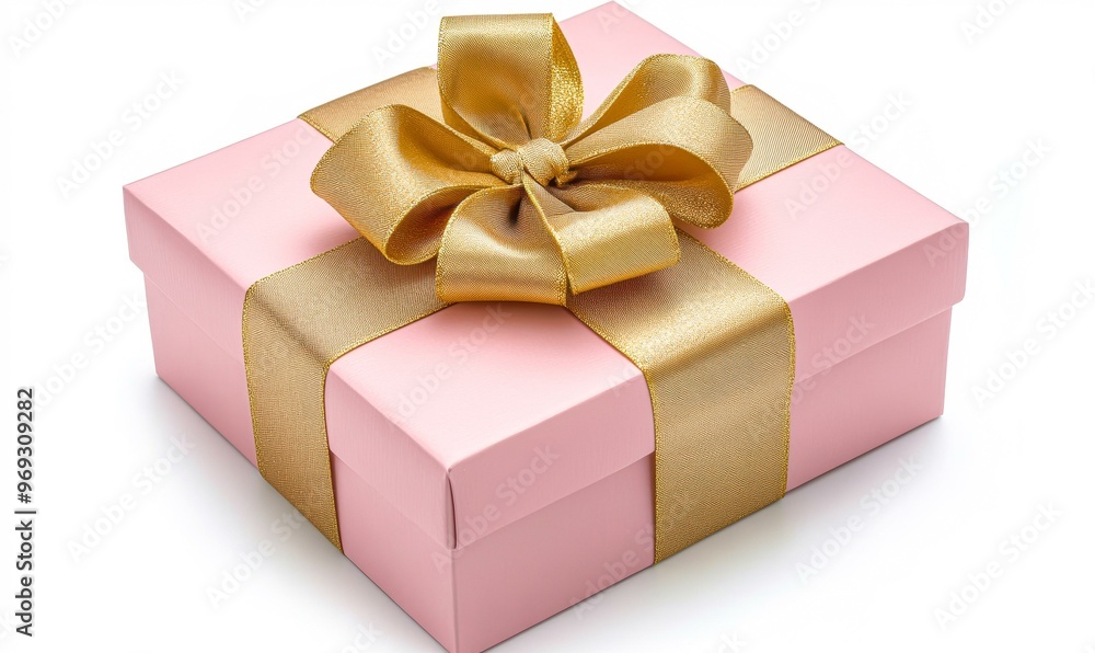 Obraz premium A pink gift box adorned with a luxurious gold bow, Ideal for celebrations, birthdays, weddings, or any special occasion needing an elegant presentation,