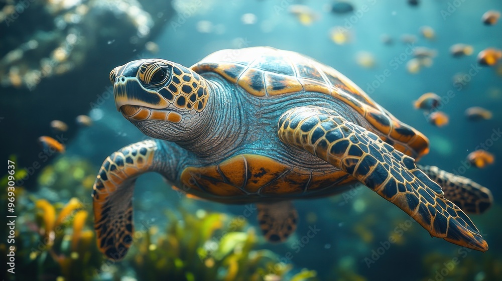 A vibrant sea turtle swimming through a colorful underwater scene. A vibrant sea turtle swimming through a colorful underwater scene.