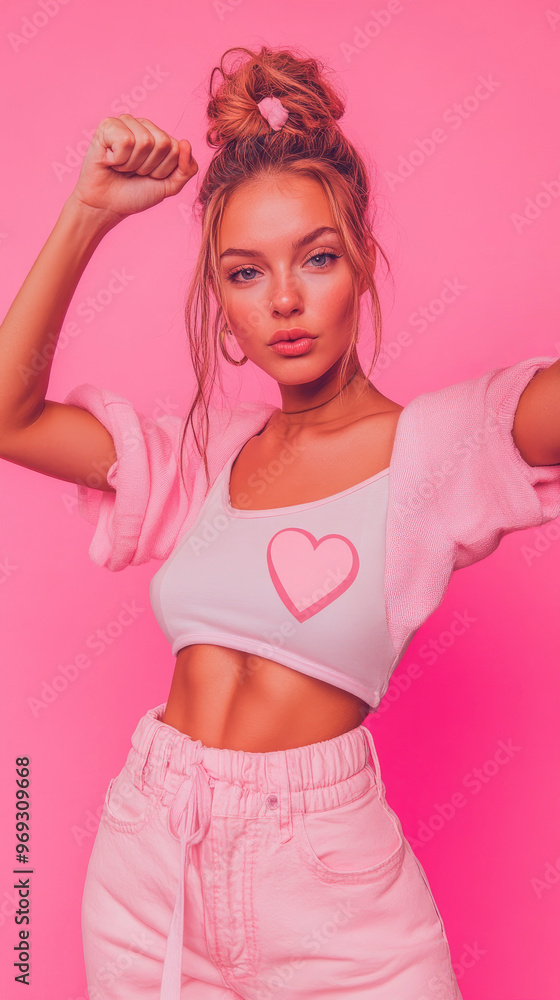 Pretty woman showing fist, with a symbol of the fight against breast cancer on her clothes, bright solid background Pretty woman showing fist, with a symbol of the fight against breast cancer on her clothes, bright solid background