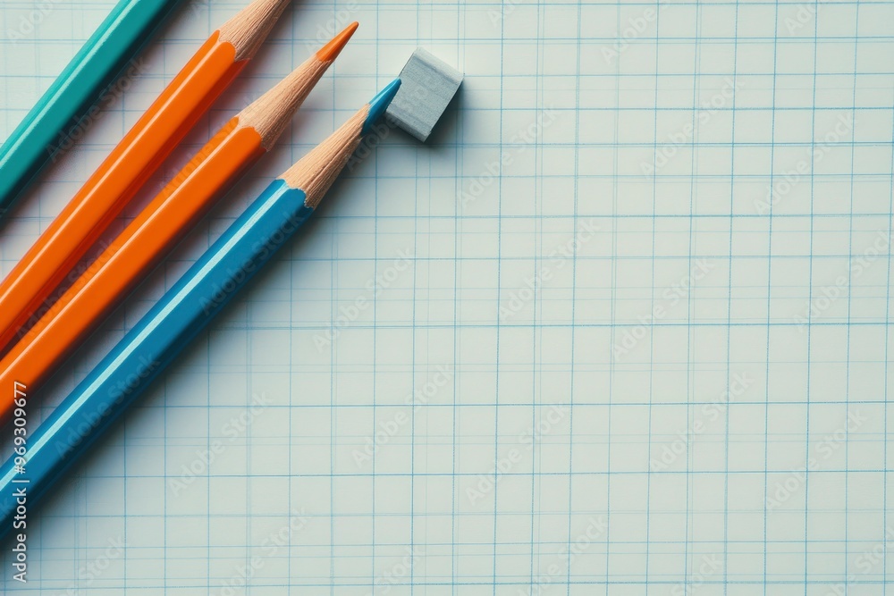 Pencils and eraser on blank Graph paper sheet background Copy space Template Mock up with generative ai Pencils and eraser on blank Graph paper sheet background Copy space Template Mock up with generative ai