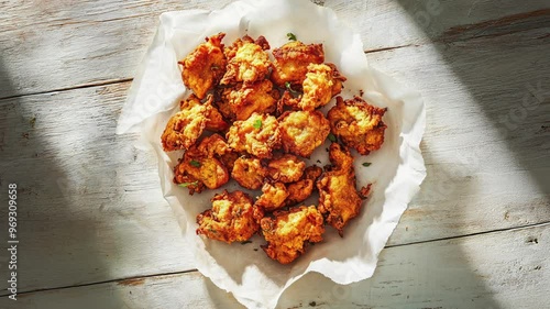 Delicious Crispy Pakoras on Rustic White Wooden Table