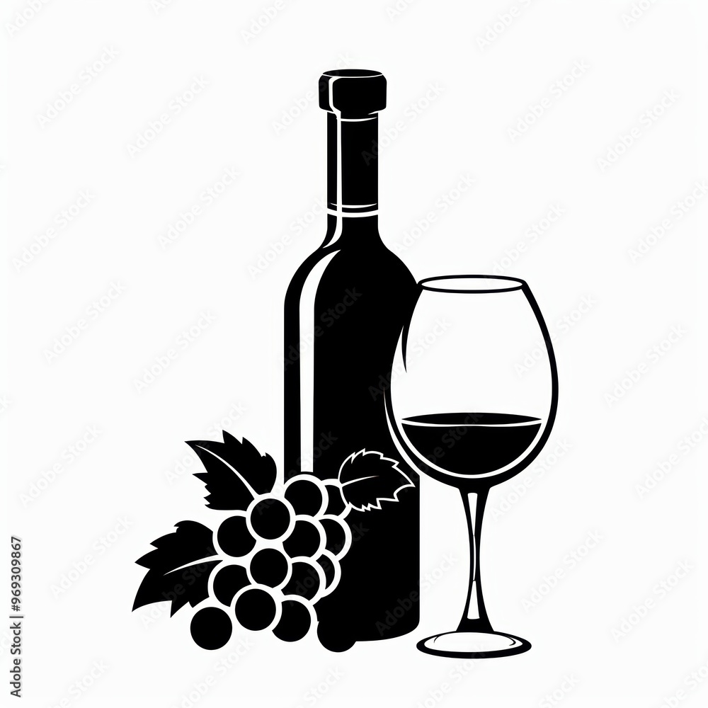 Vector illustration of grape, grape, wine bottle and glass