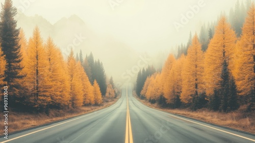 Autumn road landscape in beautiful nature travel. Mountain road scenery. Fall highway in colorful forest. Nature trip photo