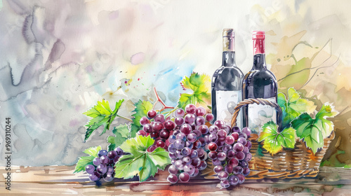 Fresh grape, grape wine bottle and glass. Painting drawing