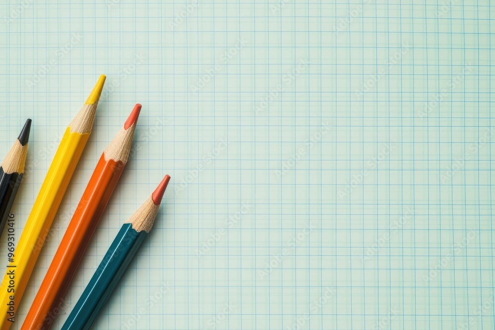 Pencils and eraser on blank Graph paper sheet background Copy space Template Mock up with generative ai Pencils and eraser on blank Graph paper sheet background Copy space Template Mock up with generative ai