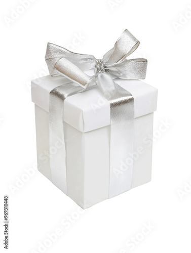 Wrapped Christmas Birthday present with silver ribbon isolated on transparent background