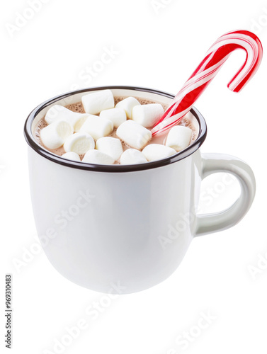 Christmas winter cup of hot cocoa with marshmallows and candy cane isolated on transparent background