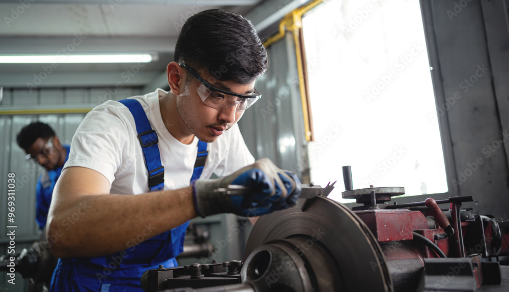 A man in a blue apron is working on a machine. He is wearing safety glasses and gloves A man in a blue apron is working on a machine. He is wearing safety glasses and gloves