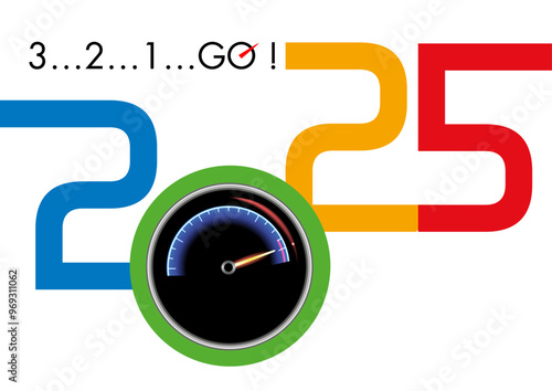 Power and speed themed 2025 greeting card with a racing car lap counter symbol.