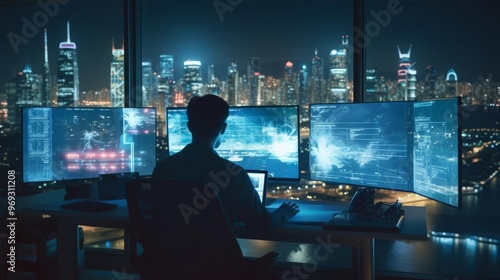 Wallpaper Mural A person working at multiple monitors in a modern office, overlooking a vibrant city skyline at night, showcasing technology and environment. Torontodigital.ca