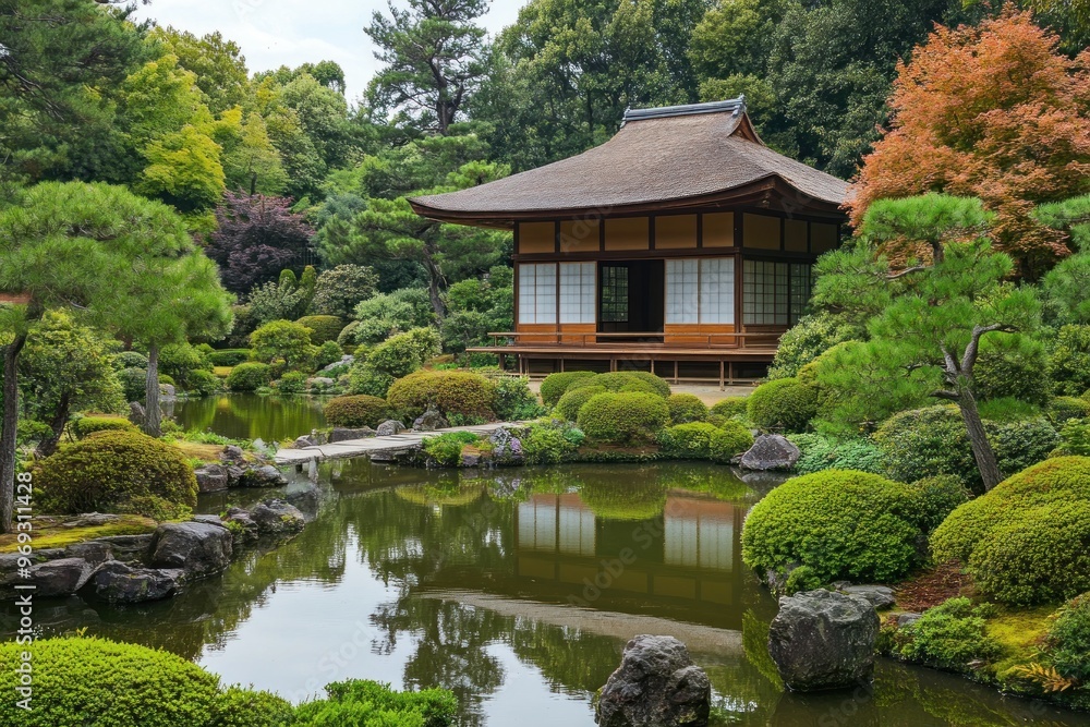 A traditional Japanese tea house surrounded by lush greenery and a tranquil pond, embodying the serene beauty of Zen gardens in Kyoto's Golden Gate Park. A traditional Japanese tea house surrounded by lush greenery and a tranquil pond, embodying the serene beauty of Zen gardens in Kyoto's Golden Gate Park.