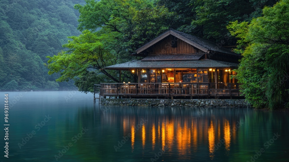 a wooden cabin on the edge of an ancient Japanese lake, overlooking a small restaurant with warm lights and cozy seating, surrounded by lush a wooden cabin on the edge of an ancient Japanese lake, overlooking a small restaurant with warm lights and cozy seating, surrounded by lush
