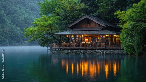 a wooden cabin on the edge of an ancient Japanese lake, overlooking a small restaurant with warm lights and cozy seating, surrounded by lush 