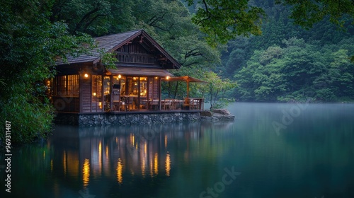 a wooden cabin on the edge of an ancient Japanese lake, overlooking a small restaurant with warm lights and cozy seating, surrounded by lush