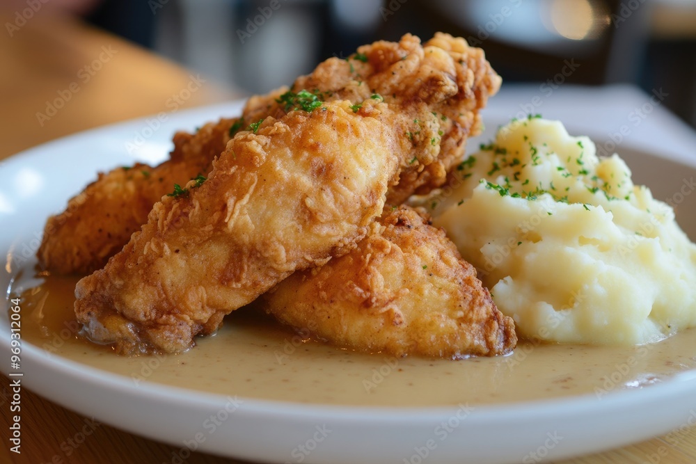A plate of golden fried chicken with mashed potatoes and gravy on the side A plate of golden fried chicken with mashed potatoes and gravy on the side