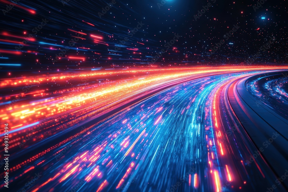 Obraz premium Colorful blue and red neon speed light lines background. Fiber optic Technology. Futuristic wallpaper. banner. Illustration