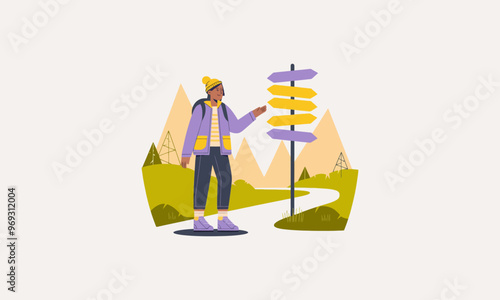 hiker choosing a direction at a signpost outdoors.