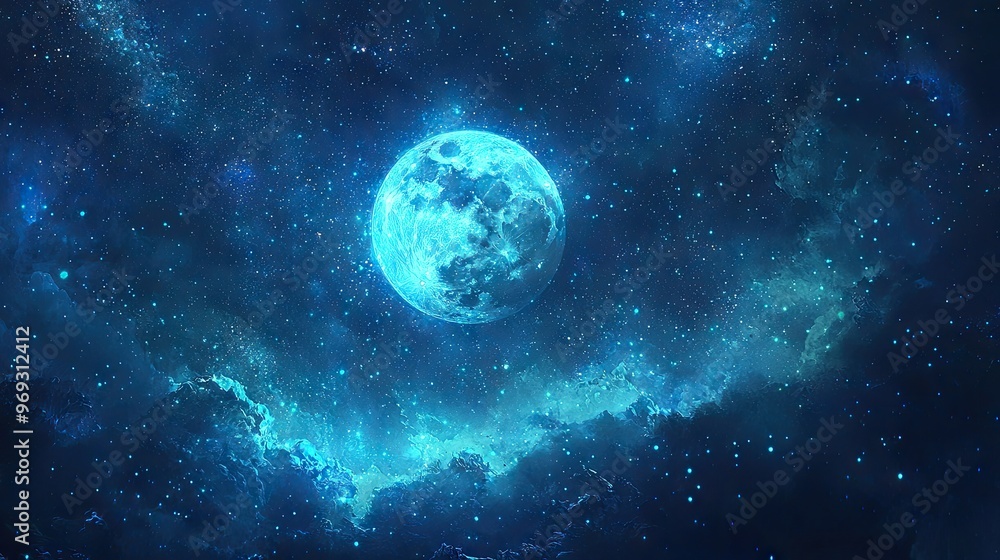 Abstract digital painting depicting a blue moon in a starry sky with twinkling lights on the moon, blue light particles, detailed background elements, Abstract digital painting depicting a blue moon in a starry sky with twinkling lights on the moon, blue light particles, detailed background elements,