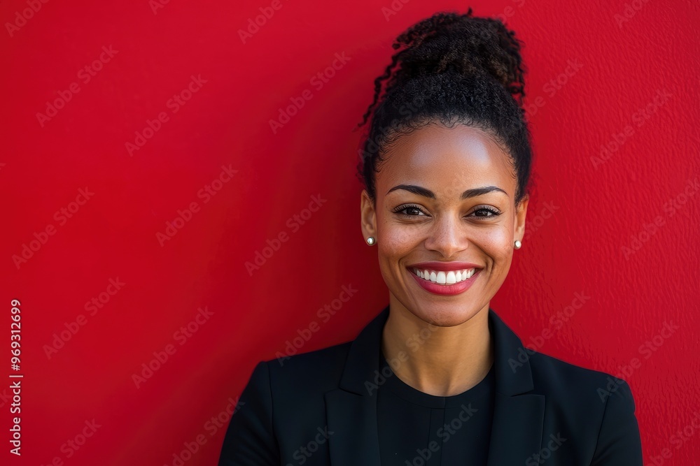 Portrait of a african american businesswoman smiling against red background. casual business, technology and office concept with generative ai Portrait of a african american businesswoman smiling against red background. casual business, technology and office concept with generative ai