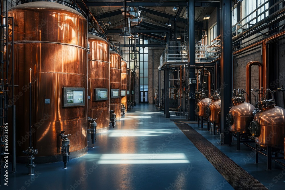 Copper vats in a modern distillery, illuminated by sunlight Copper vats in a modern distillery, illuminated by sunlight