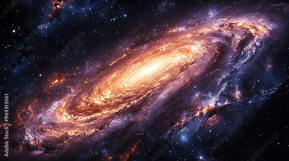 Semiabstract spiral galaxy swirling in deep purples and blues with stars and planets merging into the cosmic flow symbolizing the mystery of space Semiabstract spiral galaxy swirling in deep purples and blues with stars and planets merging into the cosmic flow symbolizing the mystery of space