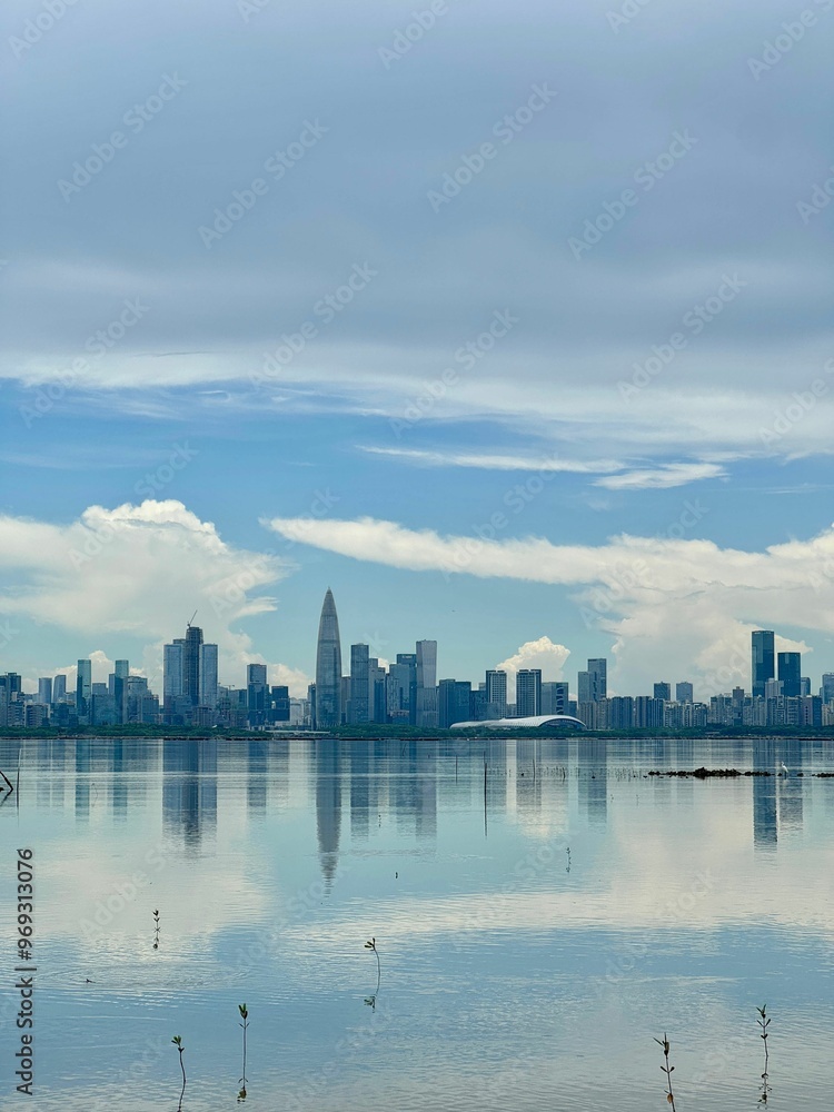 Naklejka premium Serene coastal landscape of Deep Bay Wetlands in Hong Kong