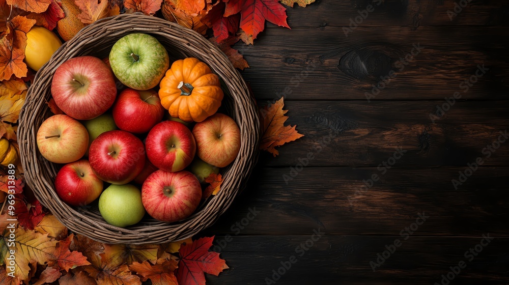 A beautifully arranged basket of colorful fruits on a wooden table surrounded by autumn leaves, perfect for fall-themed projects. A beautifully arranged basket of colorful fruits on a wooden table surrounded by autumn leaves, perfect for fall-themed projects.