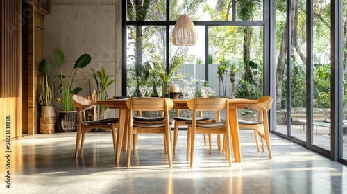 A contemporary dining room with sustainable wooden chairs, a recycled glass table, and eco-friendly decor accents