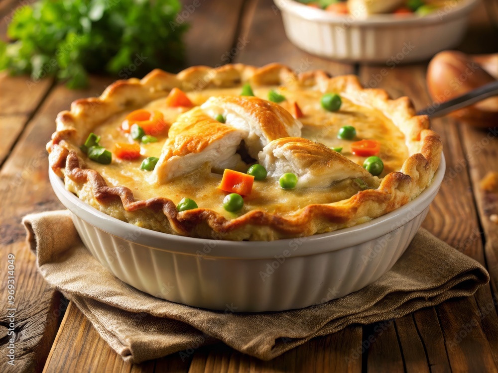 A delicious chicken pot pie filled with vegetables, served in a rustic dish on a wooden table, perfect for comforting meals. A delicious chicken pot pie filled with vegetables, served in a rustic dish on a wooden table, perfect for comforting meals.