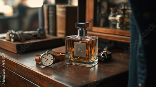 A man cologne bottle on a wooden dresser, with leather accessories and a vintage watch, creating a classic and masculine vibe.