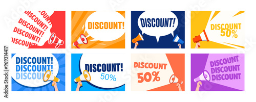 Megaphone cards set. Discount banner. Vector